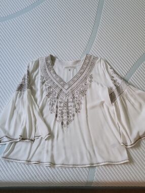 Chelsea & Theodore Cream Blouse with Taupe Embroidery